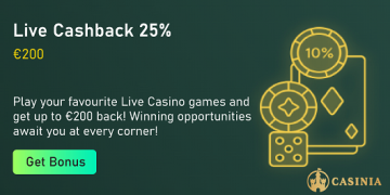 Casinia - Live Cashback 25% up to €200